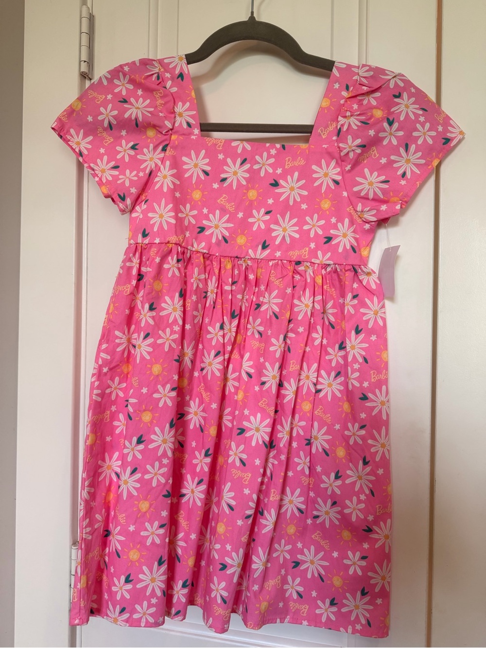 Barbie Bright Pink Daisy Print Square Neck Dress